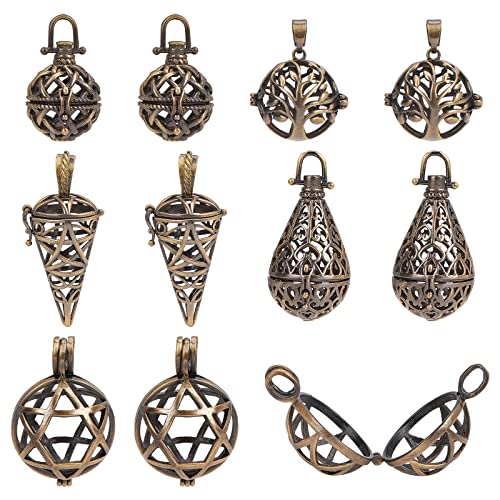 SUNNYCLUE 10Pcs Brass Locket Charms Cage Pendants Chime Ball Pendant Bulk Tree of Life Stone Holder Necklace Cage Locket Charms for Jewellery Making Hollow Empty Hexagram Charm Keychain Supplies Craft