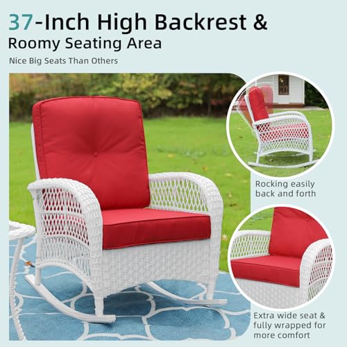 MEETWARM 3 Pieces Patio Conversation Set, Rattan Outdoor Rocking Patio Bistro Set with 2 Rockers and 1 Side Table with 4\" Thick Cushions, Outdoor Furniture Set for Porch Backyard, White Wicker/Red
