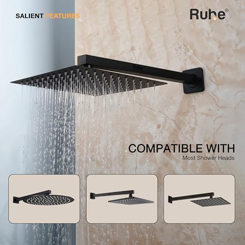 Image of Ruhe Square Shower Arm with Wall Flange | Black Matte | 304-Grade Stainless Steel Shower Arm for Overhead Showers | Bathroom Overhead Shower Arm