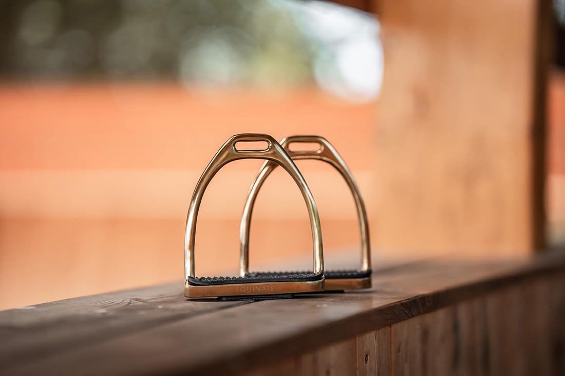 Equinate Estribos Luna 12 cm oro – con superficie antideslizante de goma – para adultos y niños – 2 unidades