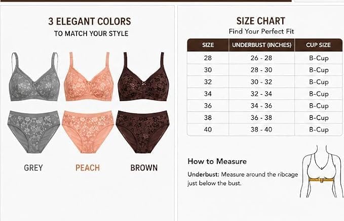 Nyroka Women's Floral Lace Bra Panty Set Pack of 3 | Non-Padded Full Coverage Bra | Cotton Blend — Bras and Panty Sets — view 4