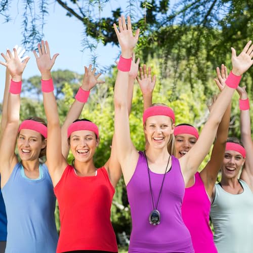 Image of 24 Pieces 80s Neon Sweatbands Set, Include 8 Sports Headbands and 16 Sweat Wristbands Elastic Athletic Tennis Sweat Bands Bulk for Man Woman