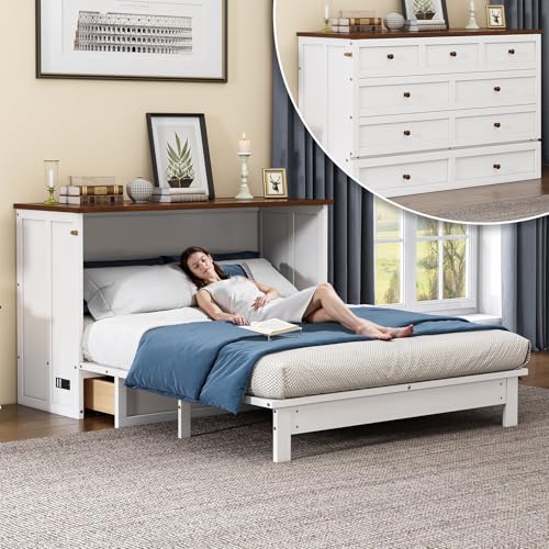howcool Queen Murphy Bed Cabinet with Charging Station and Large Storage Drawer, Solid Pine Wood Platform Bed Frame, Foldable Cabinet Bed for Home Office, Space Saving Design, White + Walnut