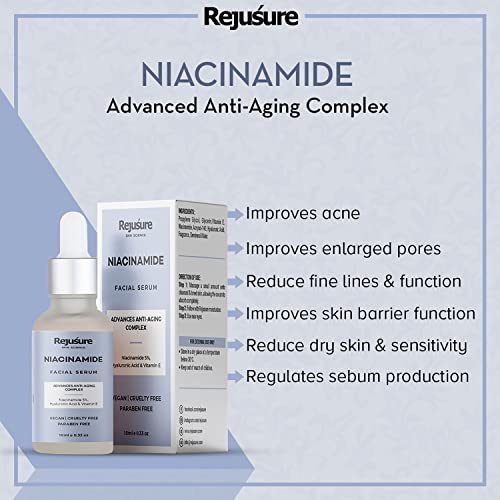 Image of Rejusure 5% Niacinamide Face Serum 10ml | Vitamin E serum | Hyaluronic Acid serum | Anti Aging serum | serum for acne and dark spots | serum for all Skin types | Serum for Men Women | Glycolic Acid |