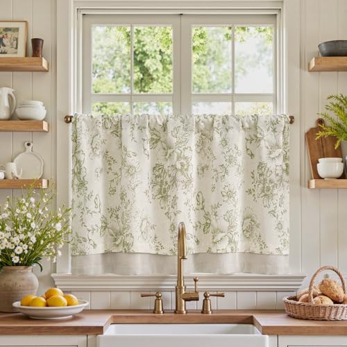 jinchan Linen Kitchen Curtain 24 Inch French Floral Double Layer