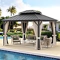 LUE BONA 10x12 Hardtop Gazebo, Galvanized Steel Double Roof Permanent Gazebo Pavilion with Aluminum Frame, Outdoor Metal Gazebo Canopy with Nettings and Curtains for Deck, Patio, Backyard