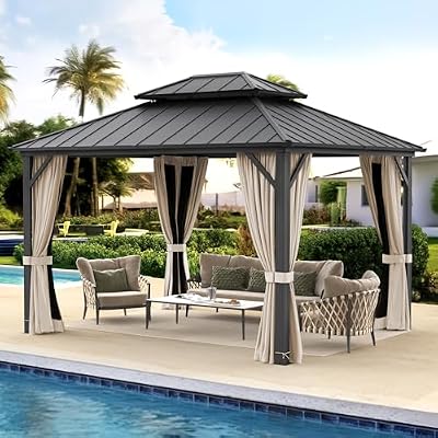 LUE BONA 10x12 Hardtop Gazebo, Galvanized Steel Double Roof Permanent Gazebo Pavilion with Aluminum Frame, Outdoor Metal Gazebo Canopy with Nettings and Curtains for Deck, Patio, Backyard