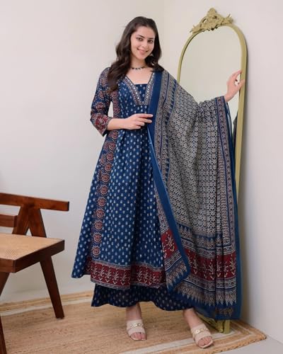 Image of ANNI Designer Women's Pure Cotton Anarkali Kurta Set for Women with Dupatta & Plazzo - Hand Block Print Suit Set | Stylish Dress | Cotton Kurta Set for Women