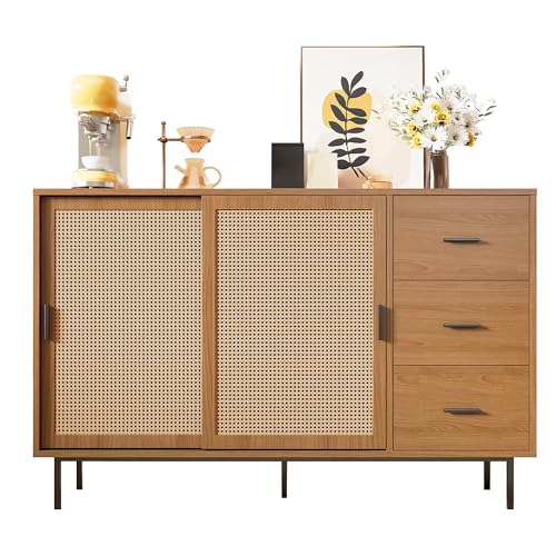 HAINEW Kommode Sideboard mit 2 Rattan Schiebetüren und 3 Schubladen...