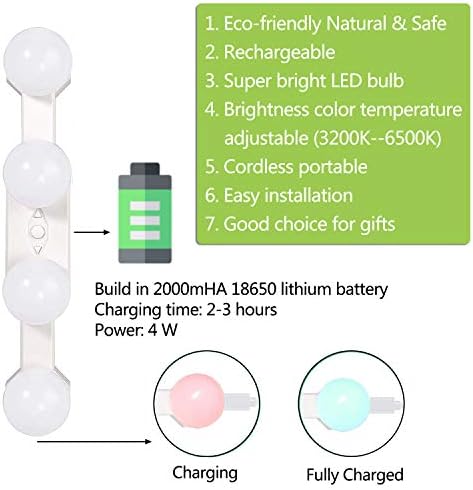Makeup Lights Cordless Portable, LED Vanity Mirror Light Kit Hollywood Style USB Rechargeable, 4 Dimmable Bulbs Multifunction Fill Lights Battery Powered for Dressing Table Bathroom (No Mirror)