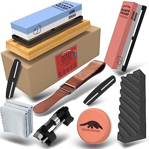 Facas de afiação de pedra, 4 lados grão 400/1000 3000/8000 com base antiderrapante guia angular de pedra planadora correia de couro guia de ruñido (14 peças)