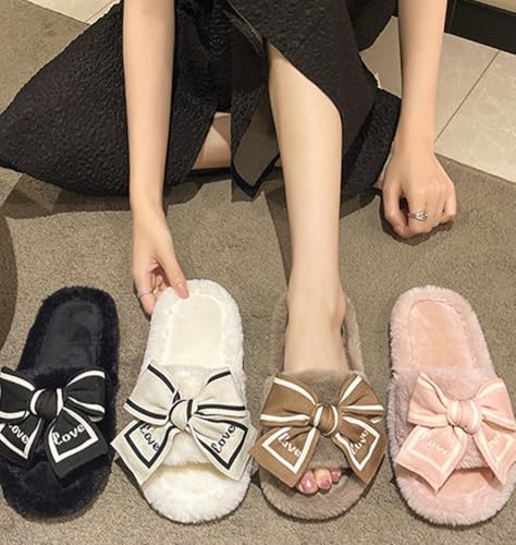 Fuzzy Bow Slippers for Women Winter Bedroom Warm Slippers with Anti-Skid Sole Cozy House Home Open Toe Shoes4