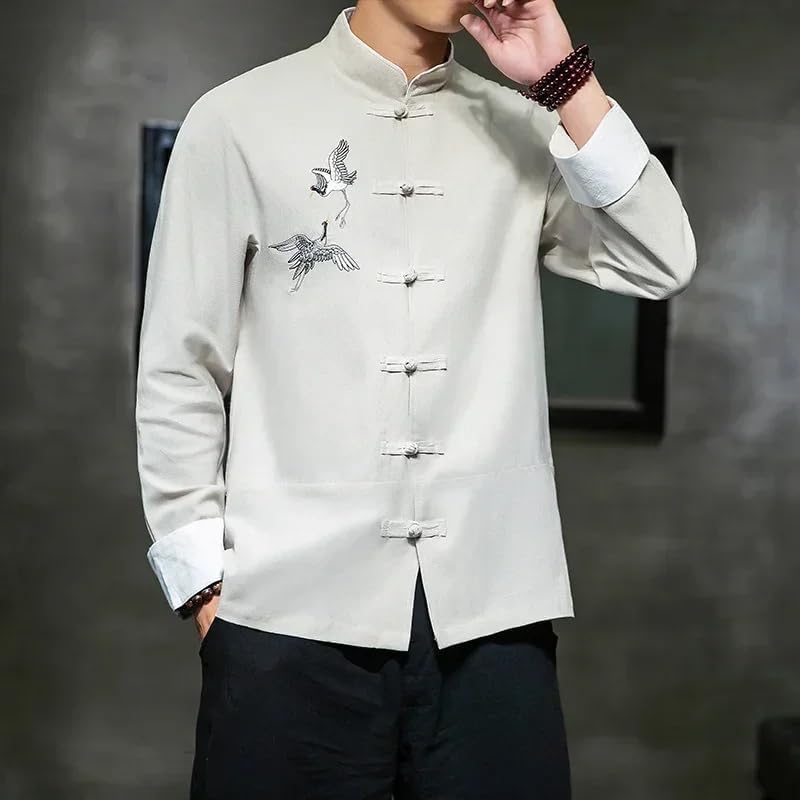 Embroidery Shirts Traditional Chinese Vintage Men's Half Sleeve Linen Solid Madarin Collar Kungfu Cardigan