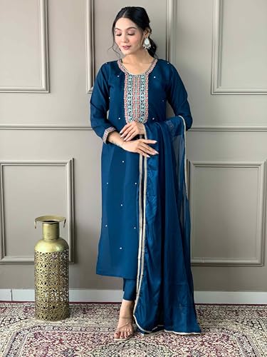 Image of Shiv Textiles Women's Chanderi Silk Embroidered Kurta Pant Dupatta Set(JDA-Lilly-RAMA-XL)