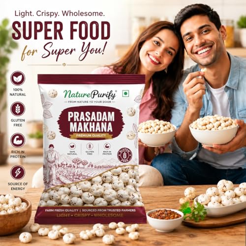 Image of Nature Purify Premium Plain Phool Makhana 200GM | Raw Plain Phool Makhana| Rich in Calcium & Antioxidants| Handpicked Jumbo Size High Protein Fox Nuts /Premium Lotus Seeds for Fasting