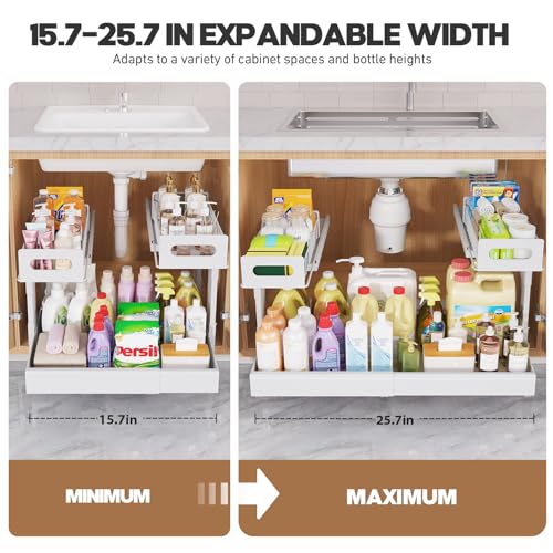Image of 1 Pack-16 inch-26 inchW Expandable Under Sink Organizer With Upgrade Ball-Bearing Slide,2-Tier Pull Out Under Cabinet Organizer Height Adjustable,Not Suitable For Cabinets With Partitions In The Middle
