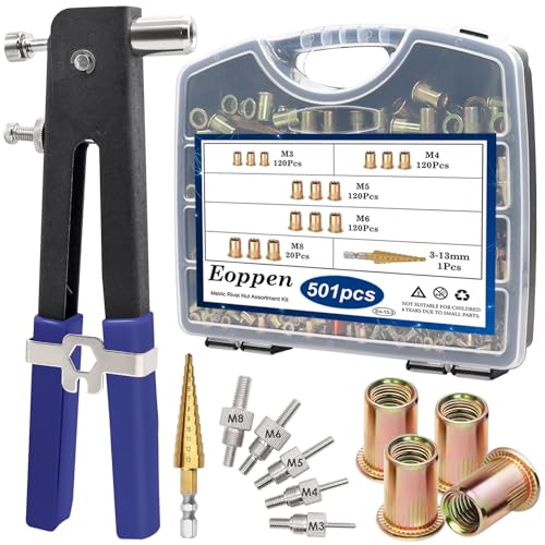 Eoppen Rivet Nut Tool Kit, 500Pcs Metric Rivet nut Assortment Kit M3, M4, M5, M6, M8 with a Step Drill Bit and Rugged Carrying Case