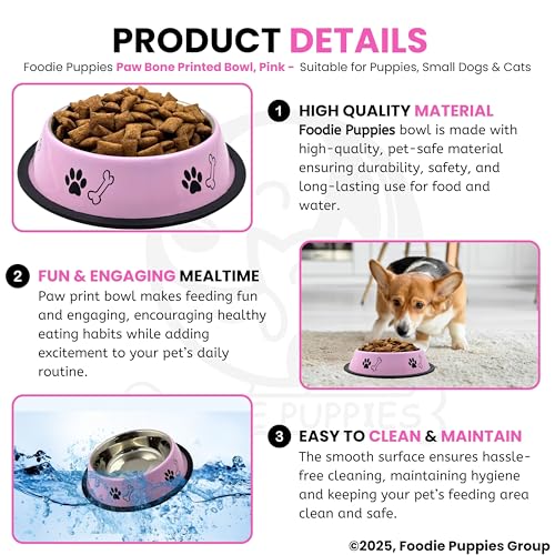 Image of Foodie Puppies Stainless Steel Pet Feeding Paw & Bone Print Bowl - 450ml (Baby Pink - Small) for Small Dogs & Puppies | Food /Water Feeding Anti-Slip /Skid Rubber Base Bowl | Non-Toxic & 100% Safe