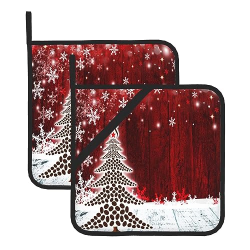Merry Christmas Pot Holders with Hanging Loops,Christmas Tree Red Hot Pads Heat Resistant Countertop, Contry Winter Potholder Set for Kitchen Baking Chef Barbeque,Square,2 Pack