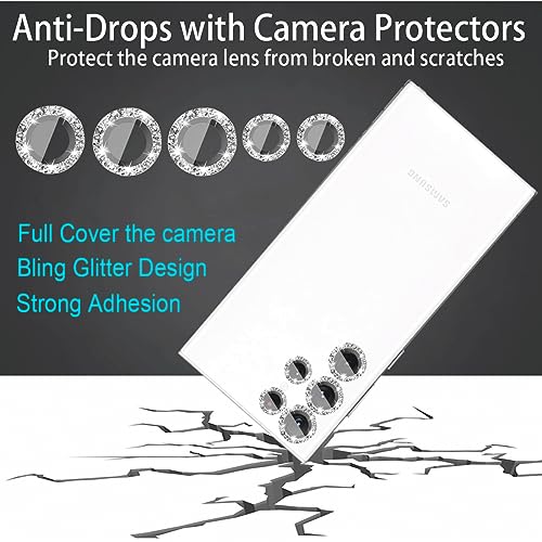 KONVOK [5+5 Pack Compatible with Samsung Galaxy S22 Ultra Camera Lens Protector Glitter Bling, S22 Ultra Camera Cover, Tempered Glass Clear Screen Protector Accessories, Phone Case Friendly (Silver)