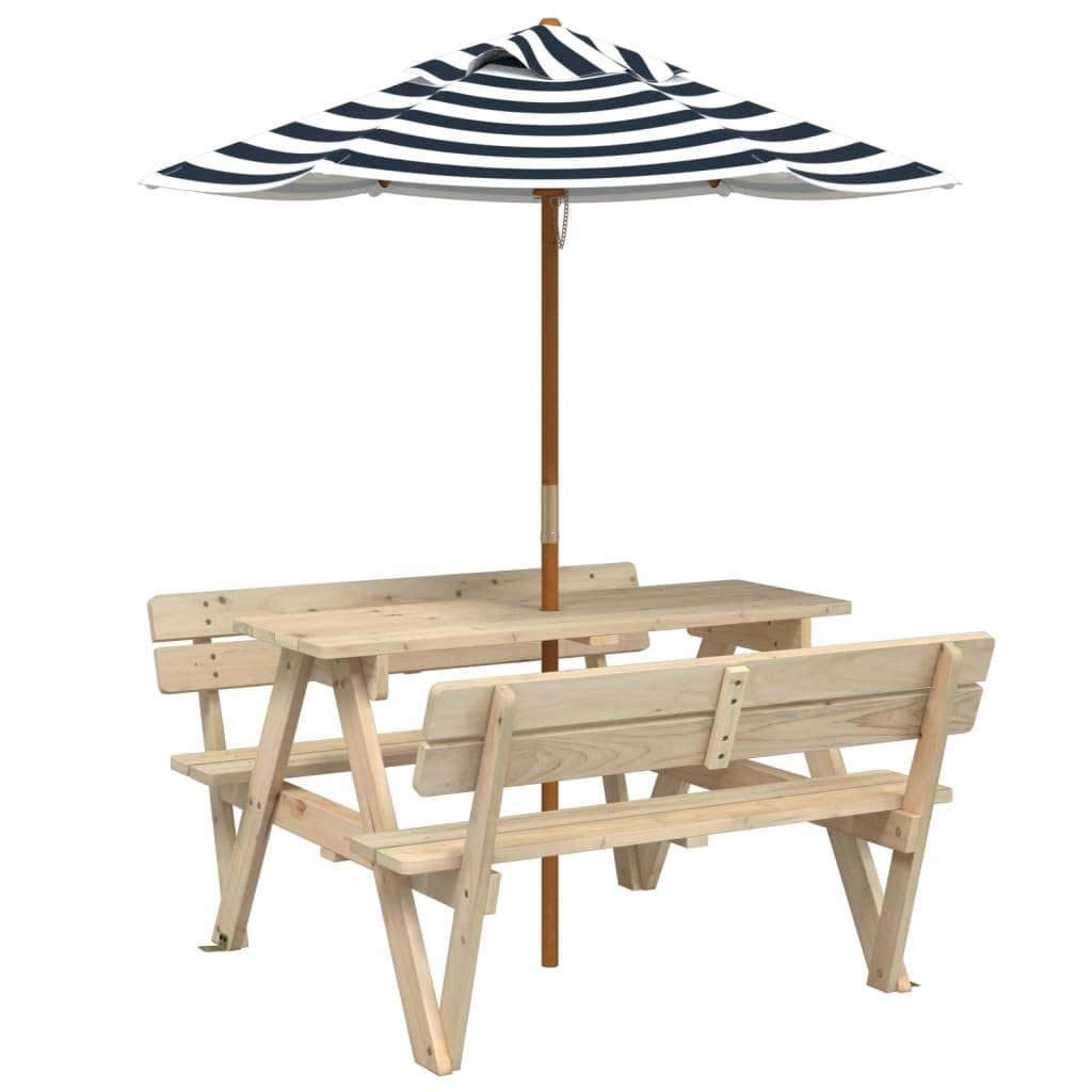 Tavolo da picnic per 4 bambini con ombrellone in legno massello di abete, tavolo e panca 2 in 1 per terrazze e giardino, robusta struttura a forma di W, poliestere resistente
