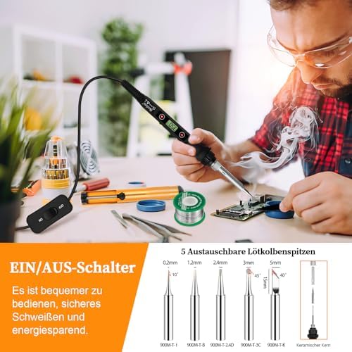 Bild 4 - Lötkolben Set 80W LCD Einstellbar Temperatur 180-520°C Lötkolben mit Ein/Aus Schalter, 50g Lötdraht, 5 Lötspitzen, Entlötpumpe, Lötkolbenständer, Pinzette, Lötset für Elektrische Arbeiten