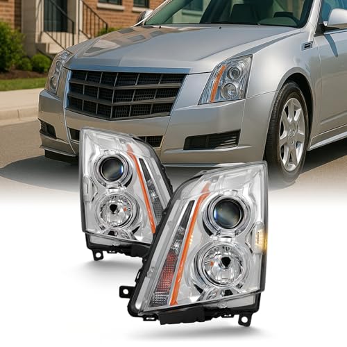 AKKON - For 2008-2014 Cadillac CTS Projector Headlight Assembly Chrome Housing Clear Lens Full Set