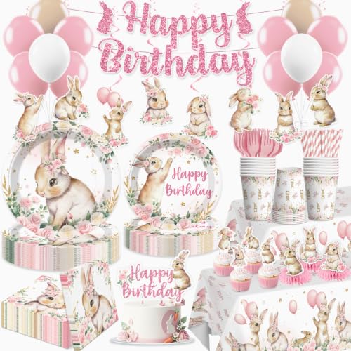 Xynic 205pcs Bunny Birthday Decorations Complete Tableware Set for 25 Guests Pink Bunny Party Decorations Girl Includes Banner Hanging Swirls Plates Napkins Balloons Caketopper Tablecloths