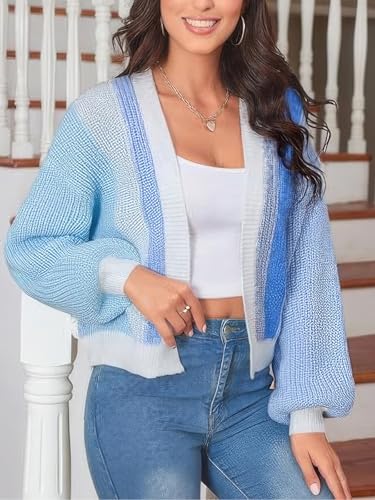 ebossy Women's Vertical Stripes Lantern Sleeve Cropped Cardigan Color Block Open Front Dopamine Cute Sweater Outwear2