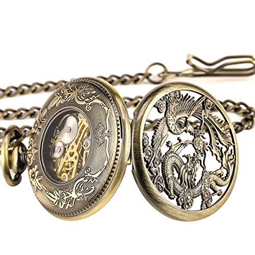 Manchda Antique Mechanical Pocket Watch Lucky Dragon & Phoenix Bronze Skeleton Dial With Chain #TOP2