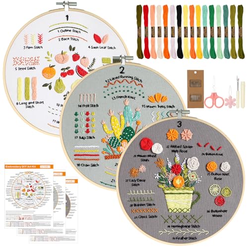 AiQInu 3 Pieces kit Broderie Debutant, Kit de Broderie pour Apprendre 30 Points, Embroidery Kits avec 16 Couleurs de Fil, Cercle Bambou 20cm, Ciseaux, Aiguilles, Notice, Cadeau DIY pour Adultes
