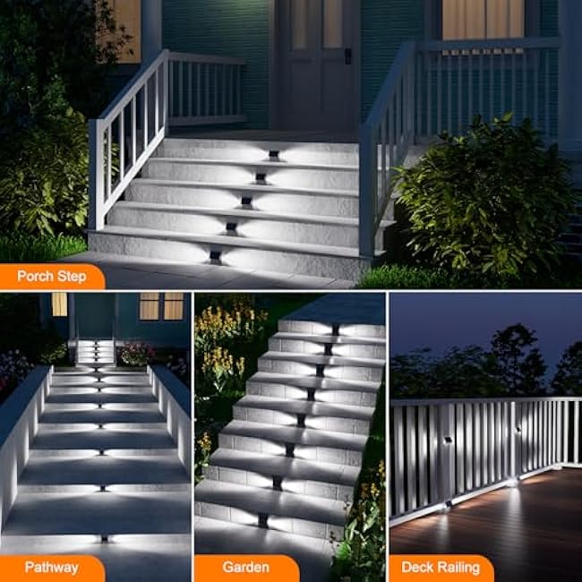 6 Pack Solar Powered Step Lights Outdoor Waterproof LED for Outside Deck Stair Safety Decorative Lamp for Porch, Yard, Patio, Wall, Fence, Walkway, Dual Sided Lighting for Enhanced Security Cool White