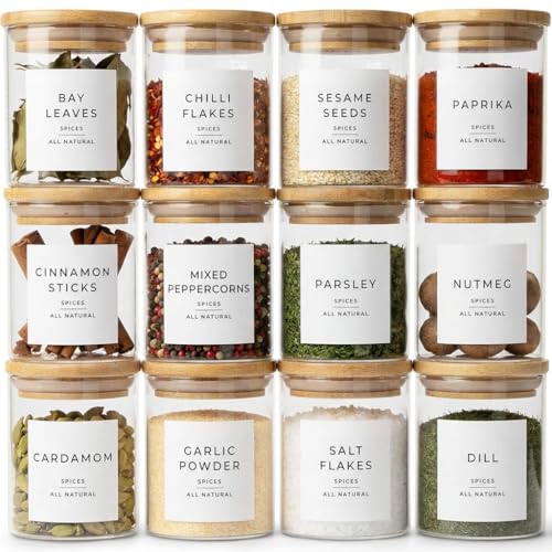 Livabl Glass Spice Jars with Lids and Labels – 12 Bamboo Lid Spice Containers - 200ml Airtight Jars with 360 White UK Designed Waterproof Pre-Printed Labels - Complete Herb, Seasoning & Spices Storage