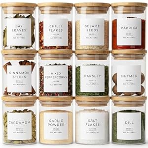 Glass Spice Jars with Labels-12 Pack- 6.8oz- 360 Labels- Spice Containers with Bamboo Lids -Spices Organization for Cabinet-Drawer-Rack-Seasoning containers-herbs- Organizer-Spices Bottles