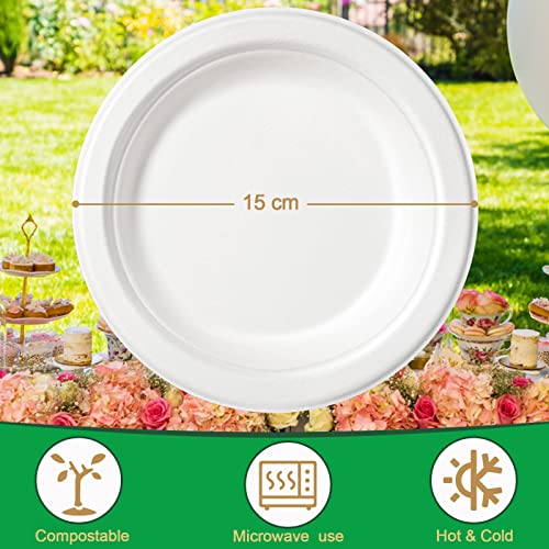 GREENESAGE Rigid 6 inch 50 Pack Disposable Paper White Plates Sugarcane and Compostable Strong Dishes for Picnic Wedding Party BBQ - Image 2