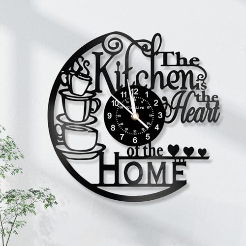 12 Inch Kitchen Vinyl Record Wall Clock, Kitchen Heat Home Theme Wall Clock, Coffee Bar Decor, Coffee Wall Decor for Office Living Room, for Women Wives, Black