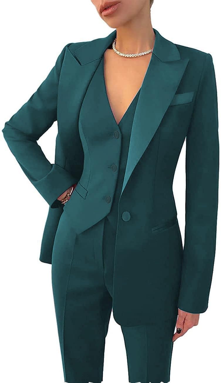 Women's Business 3 Piece Suit Notch Lapel Lady Suit One Button for Office Work Casual Tuxedo Blazer Vest Pants Set