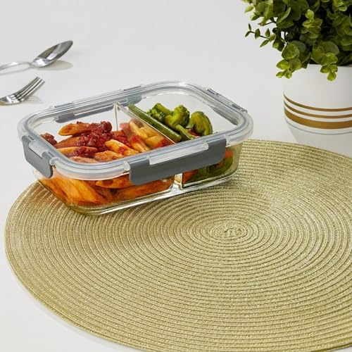 Image of Glass Lunch Box with 2 Compartments | Leakproof Borosilicate Glass Lunch Container with Airtight Lid | BPA Free Tiffin Box for Office, School & Travel (1x570ml + 1x980ml)