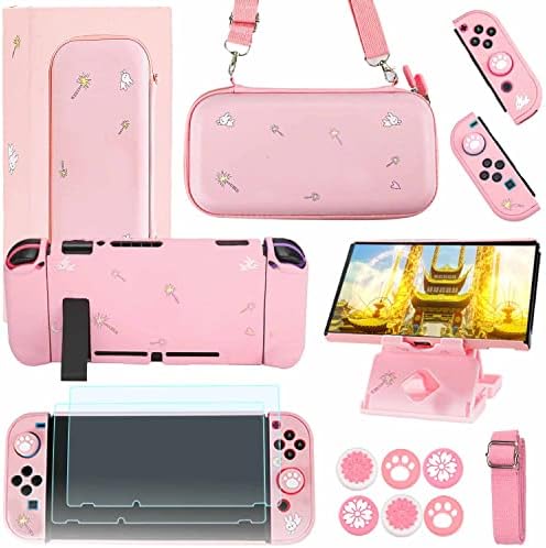 GUTIAL Accessories Kit for Nintendo Switch - Pink Cute Accessories Bundle Girly Style Pack for girls with Travel Carrying Case and Dockable Cover Case, Screen Protector, kawaii Stand, Thumb Grips