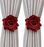 Mengersi Rose Magnetic Curtain Tiebacks, Flowers Drape Tie Backs,2 Pack Decorative Rope Holdback Holder, Thin or Sheer Window Drapries Bed Canopy (Red)