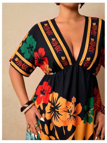 Image of Floerns Women's Plus Size Boho Hawaiian Tropical Dresses V Neck Short Sleeve Floral A Line Long Dress Vacation Beach Outfits