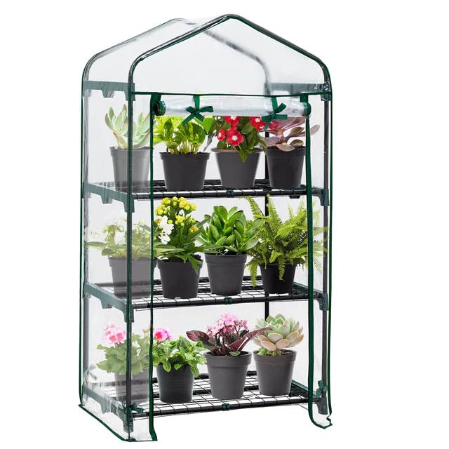 Faboer 3 Tier Mini Greenhouse Portable Garden Grow House with Roll Up Door and Wire Shelves, 46D x 70W x 120H cm, Clear Display