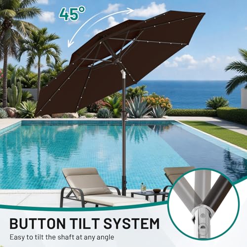 Image of AreShark 9ft 3 Tiers Patio Umbrella with Solar Lights, Outdoor Umbrella w / 32 LED Lights&8 Sturdy Ribs, Table Umbrella for Deck, Backyard, Pool (Dark Brown)