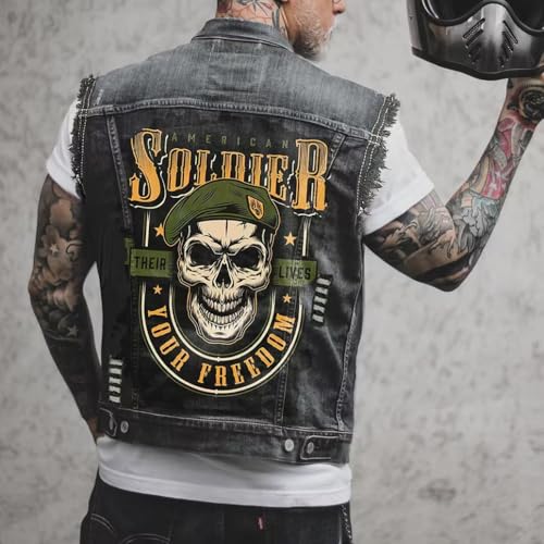 Men's Fashion Military Skull Print Denim Vest Retro Biker Style Jacket3