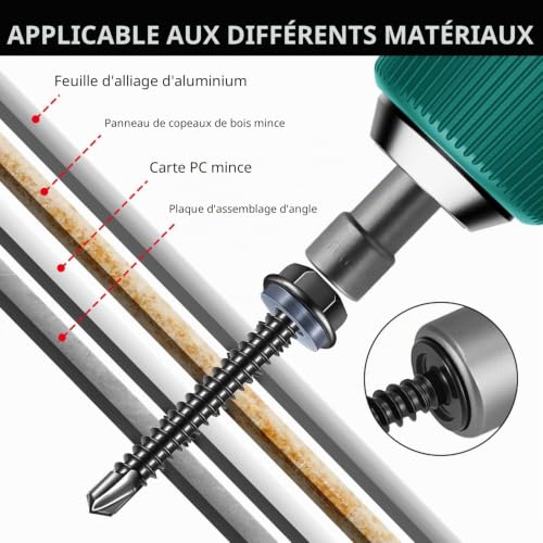 FandWay 50 Pièces Vis Autoforeuse Metal Noir,M6,3x32mm Vis à Tôle Autotaraudese à Tete Hexagonale avec Rondelle et Autoperceuse Autoperforante Inox 410 avec 1 Bits pour Aluminium Bois Plastique. – vue 4