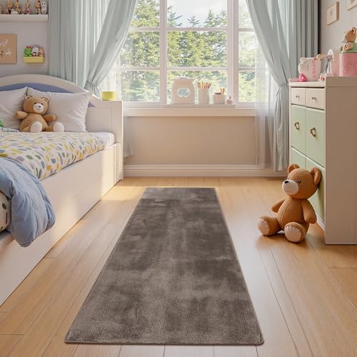 jinchan 2x6 Solid Plush Runner Rug Shaggy Washable Hallway Rug, Brown | Soft, Cozy, Non-Slip, Modern, Faux Wool, Performance Rug, Floor Carpet, Entryway, Bathroom, Kitchen, Laundry Room, Bed