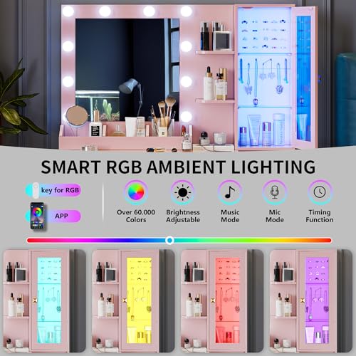 Image of Vanity Desk with Mirror and Lights, Makeup Vanity Table Set with 5 Storage Drawers, Power Outlet & Chair, Small Dressing Table with RGB Ambient Light, Adjustable Brightness for Girls Bedroom, Pink