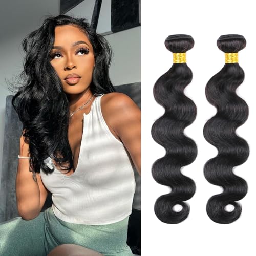 DaiMer Human Hair Bundles 16 18 Inch Body Wave Bundles 12A 100% Unprocessed Brazilian Virgin Hair Weave Bundles Body Wave 2 Bundles Human Hair Extensions Natural Color