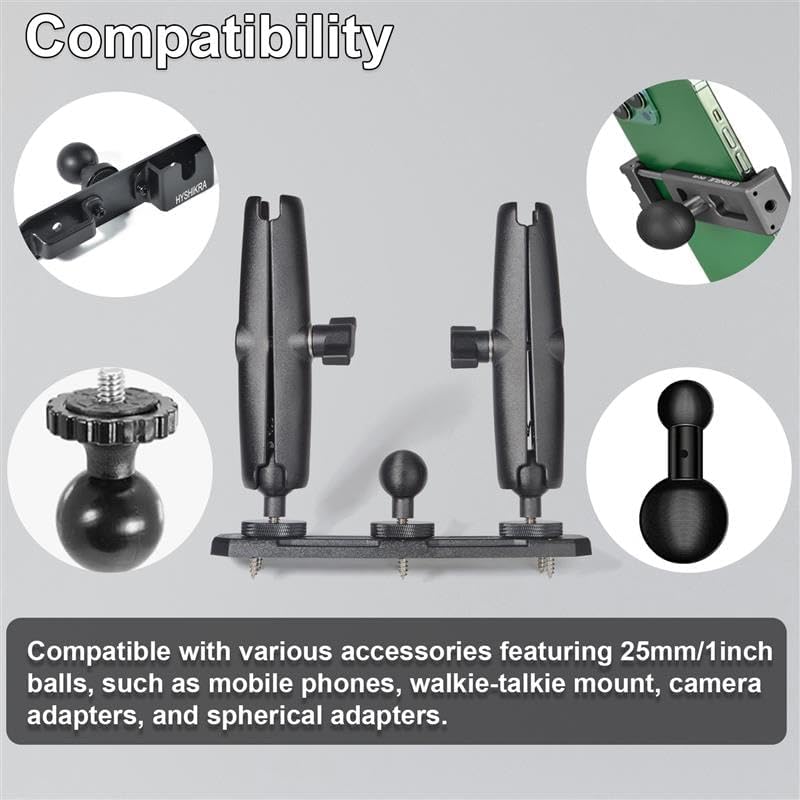 Universal 25mm (1inch) Ball Mount Base with Two Double Socket Arms and Screws Compatible with RAM Mounts B Size 1" Ball Components Fits Industry All Standard 1" Ball Adapters
