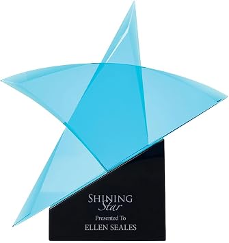 Baudville Stellar Blue Star Trophy with Black Crystal Engraved Base - Personalized Engraving Up to Three Lines and Pre-Written Verse Selection - in Gift Box - Award for Employee